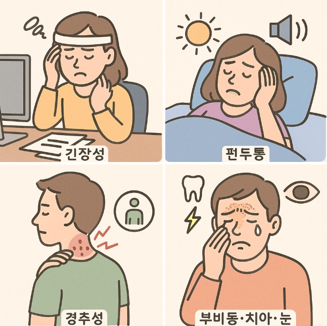 다양한 두통의 종류와 원인을 나타내는 4컷만화