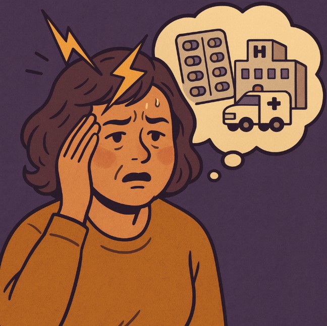 벼락치는 두통을 겪고 약을먹을지 병원에 갈지 고민하는 중년여성의 이미지