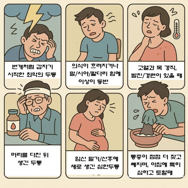 심한두통의 원인을 나타내는 만화이미지
