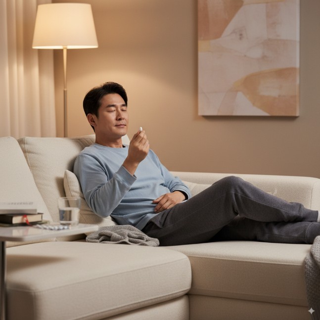 소파에 편히 누워서 알약을 먹으면서 두통을 대처하는 모습