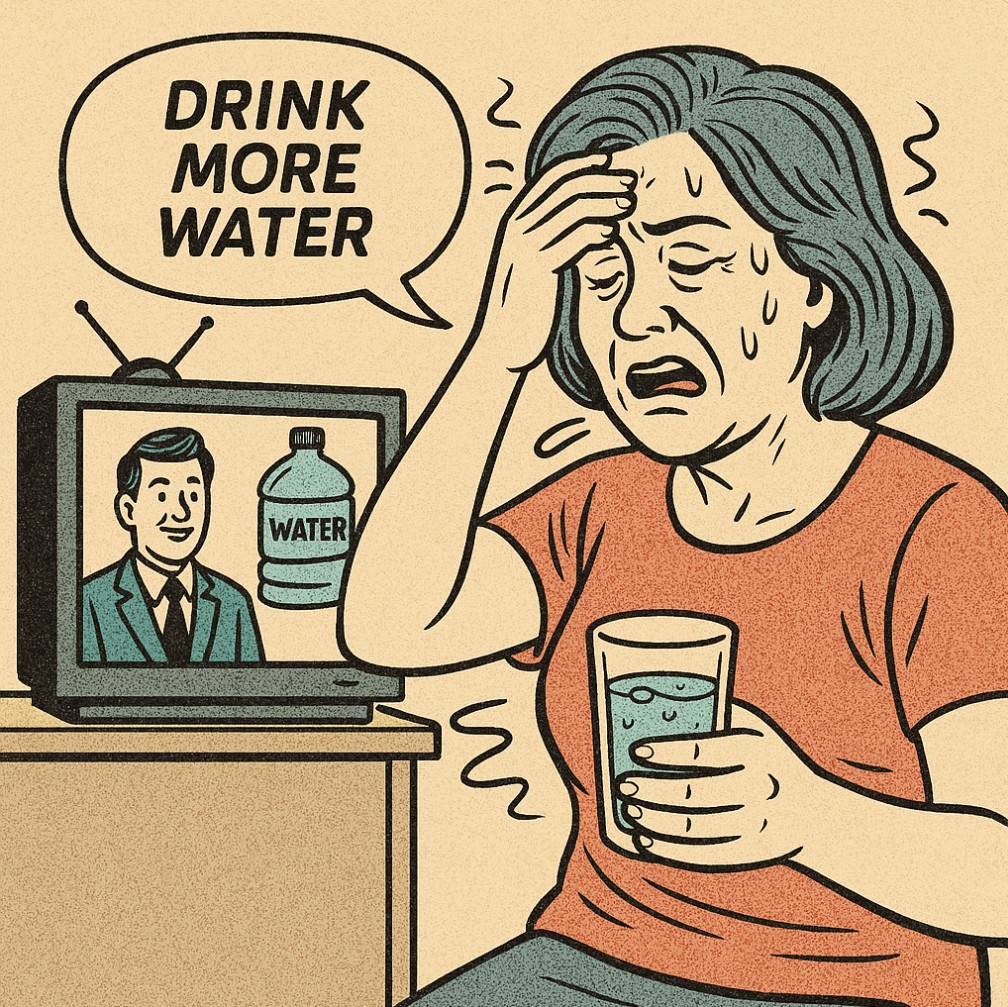 물이 좋다는 텔레비젼만 보고 물을 많이 마셨다가 물중독이 온 중년여성의 이미지