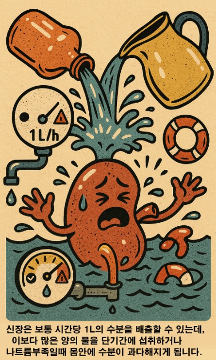 신장이 과다한 수분을 다 배출하지못해 수분과다가 되는 이미지