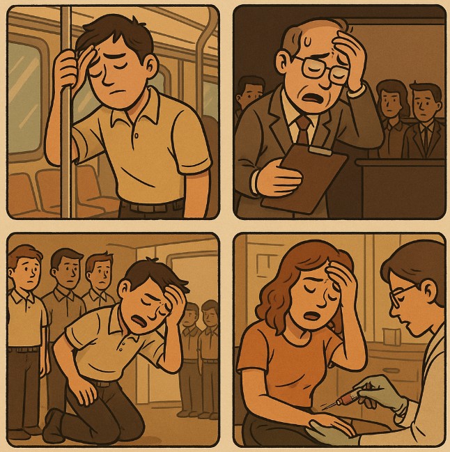 미주신경성실신의 전형적인 상황을 보여주는 4컷만화