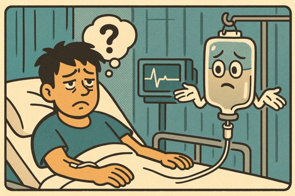 링거수액을 맞으면서도 효과가 없어서 당황해하는 환자의 이미지
