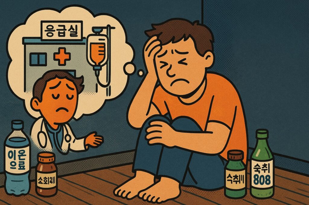숙취일때 응급실가서 수액을 맞을지 고민하는 남자의 이미지