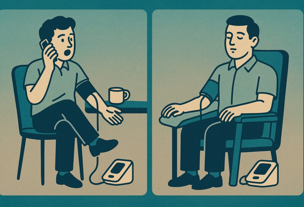 가정에서 올바른 혈압 측정 자세와 환경: 의자 등받이, 발바닥 지지, 팔 심장 높이, 5분 안정 후 재측정 장면