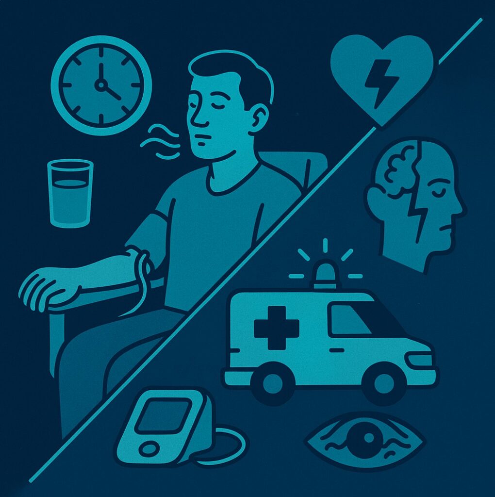 아침 혈압 급상승 시 안정·재측정으로 지켜볼 때와, 가슴통증·한쪽 마비·말 어눌함 등 증상이 있을 때 즉시 응급실로 가야 하는 분기를 나타낸 일러스트