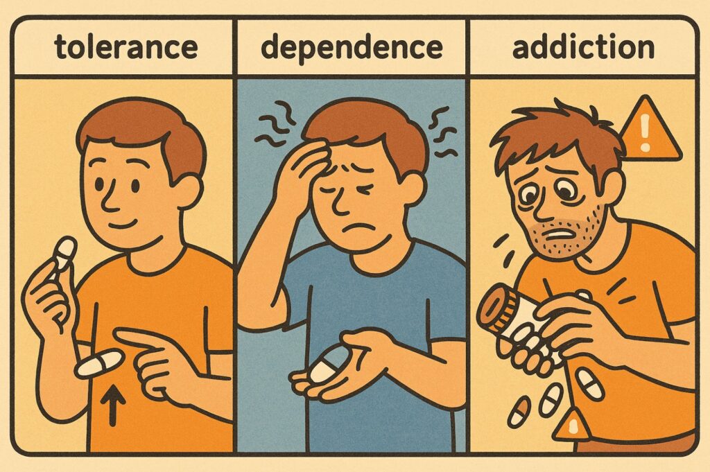 약물의존, 약물내성, 약물중독을 나타내는 이미지