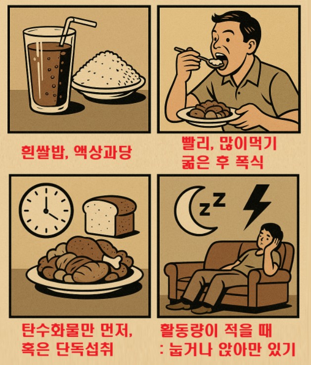 혈당스파이크를 유발하는 습관들의 4컷만화