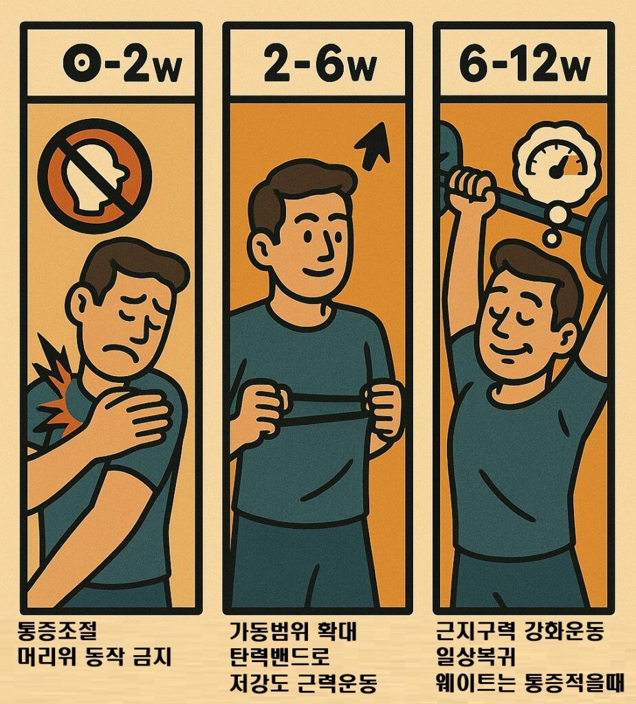 회전근개손상의 재활을 나타내는 3컷만화이미지