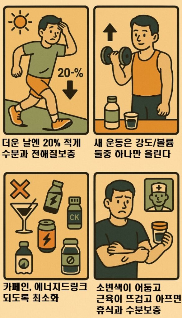 횡문근융해증을 예빵할 수 있는 운동법과 휴식을 나타내는 4컷만화