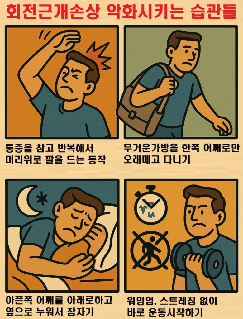 회전근개손상을 악화시키는 습관들의 4컷만화이미지