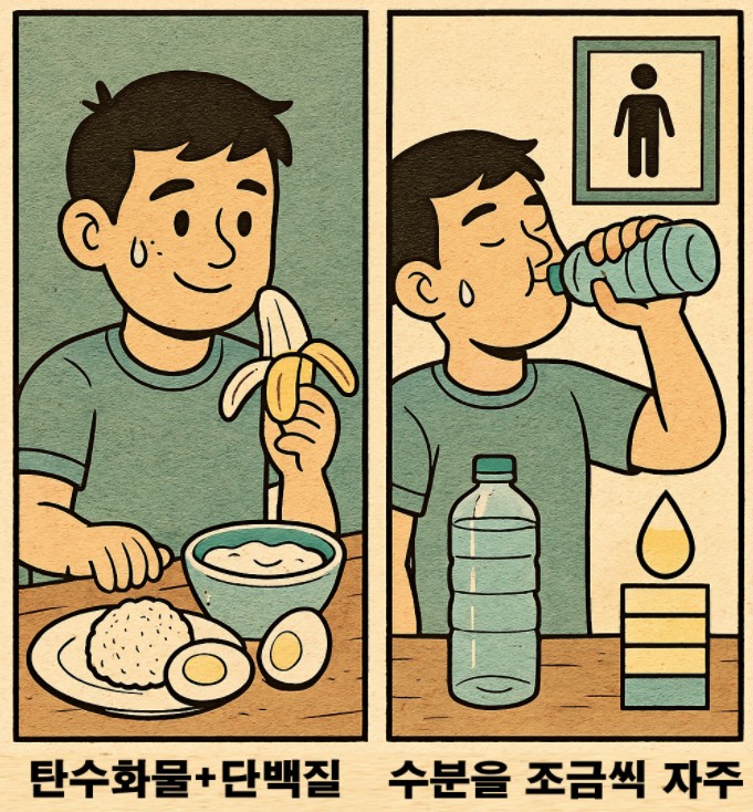 공복유산소 후 탄수화물과 단백질을 섭취, 수분을 자주마시는 그림