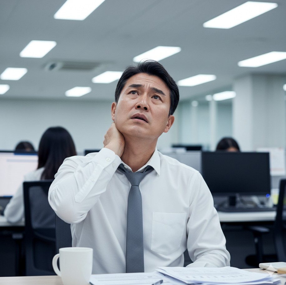 뒷골 통증을 호소하는 남성.