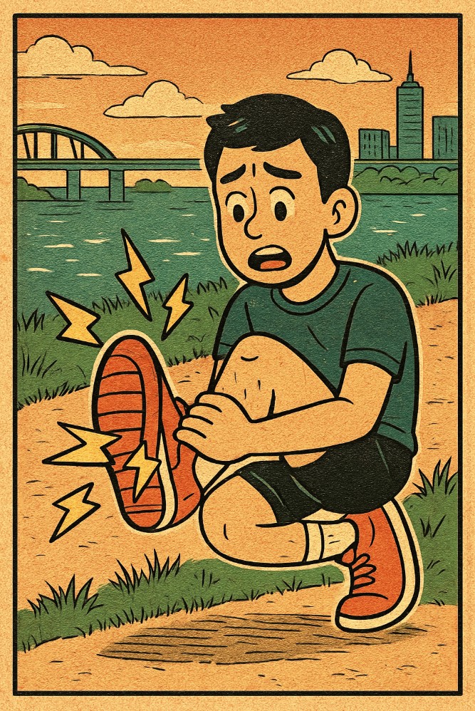 한강공원에서 달리기하다가 발바닥 아파하는 사람