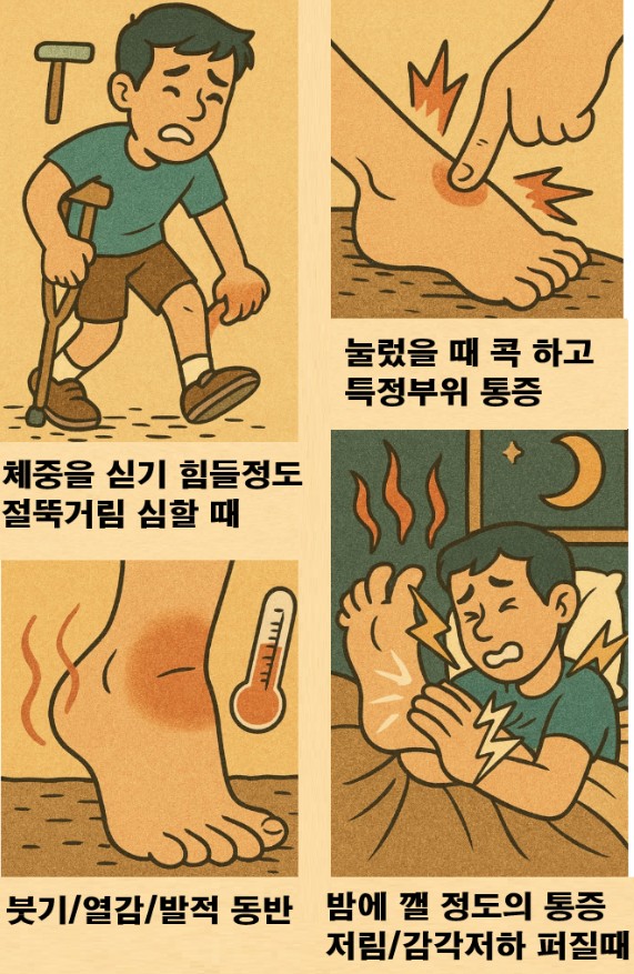 발바닥통증에서 병원에 가야할때를 보여주는 4컷만화 이미지