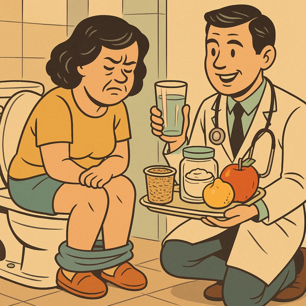 변비로 고생하는 사람 앞에서 변비에 좋은 음식을 권하는 의사의 이미지