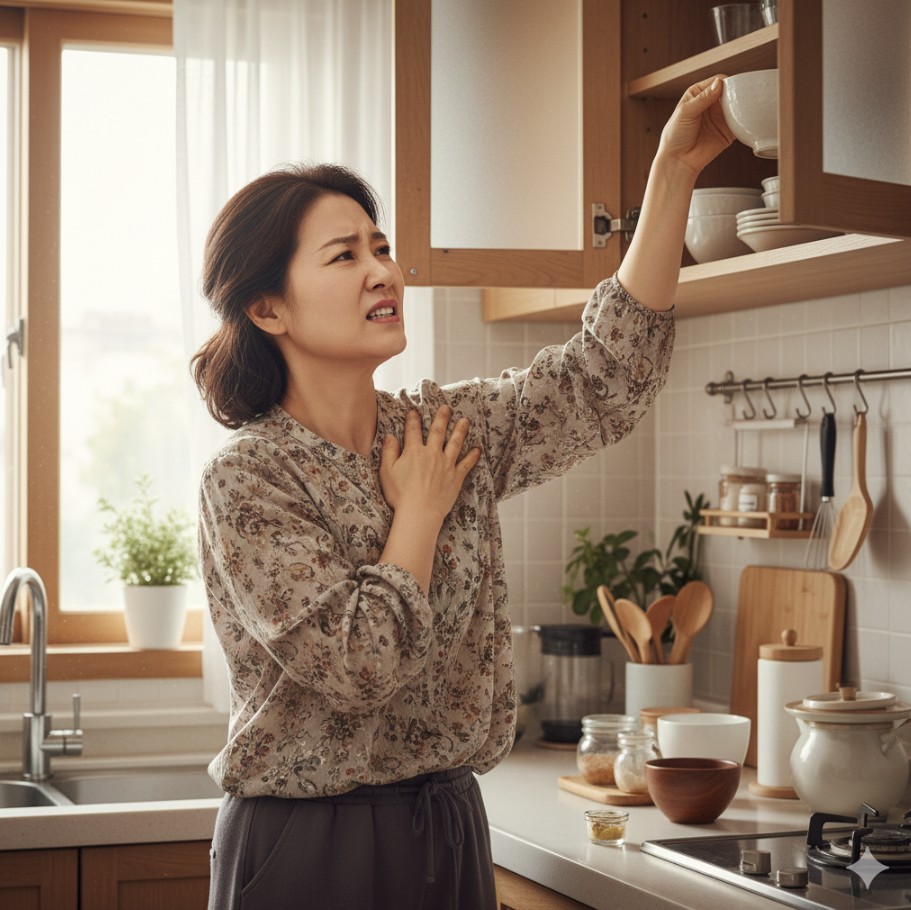 오십견 대문사진. 팔올리며 아파하는 중년여성의 모습