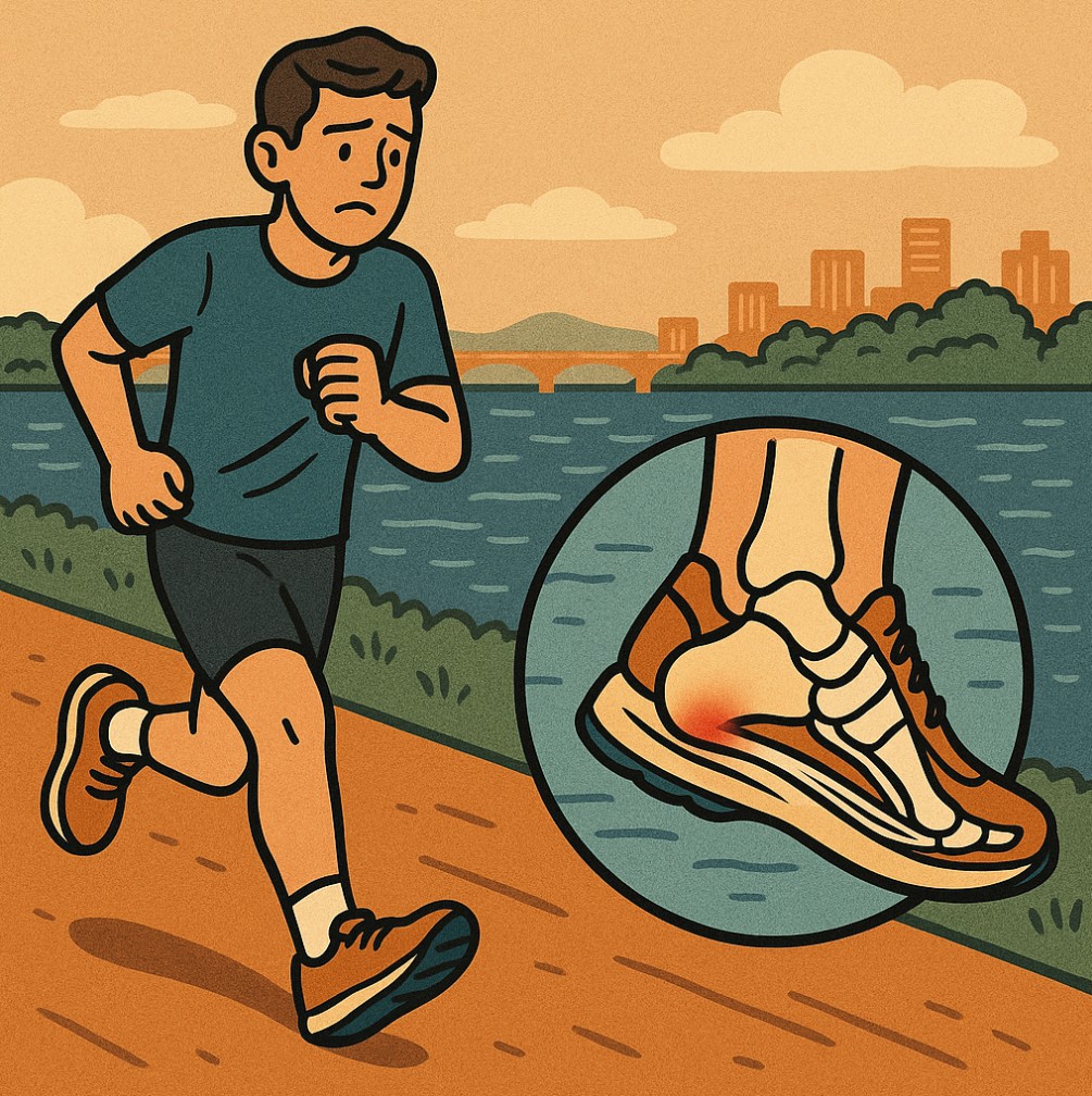 족저근막염이 있어 한강공원달리기 하는 사람이 아파하는 모습