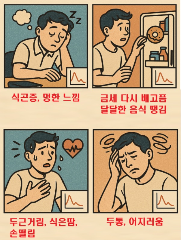 혈당스파이크의 증상을 보여주는 4컷만화