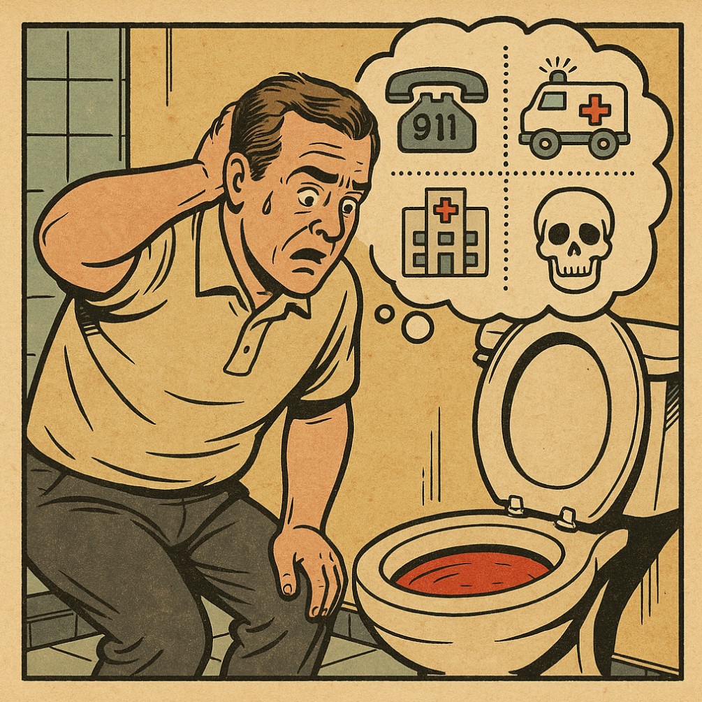 혈변을 보고 병원에 갈까 걱정하는 모습의 이미지