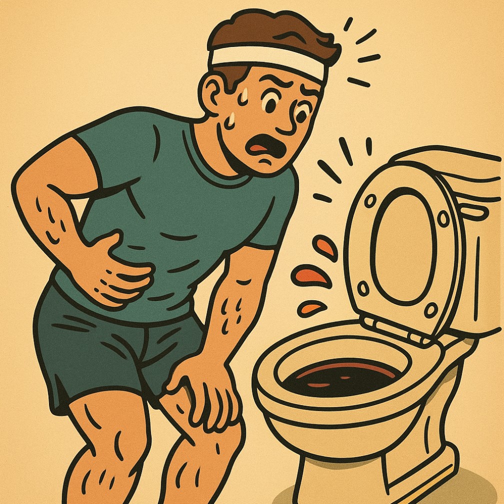 운동을 힘들게하고나서 소변색이 콜라색인것을 보고 횡문근융해증을 걱정하는 젊은남성의 이미지