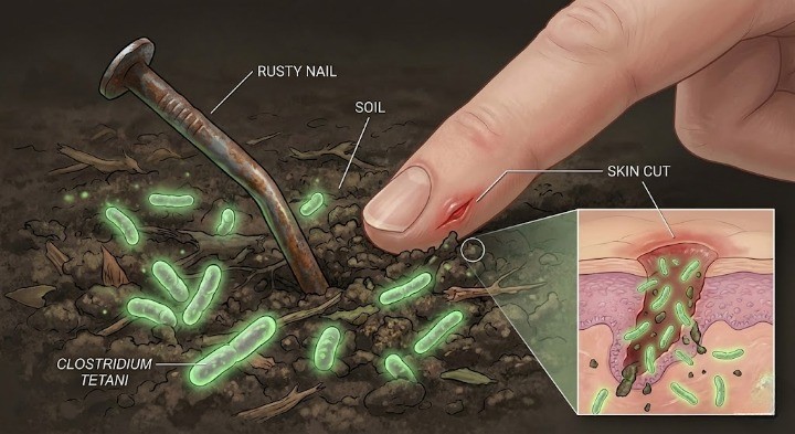 흙과 녹슨못에 파상풍균들이 바글바글하고 베인상처에 감염되는 이미지