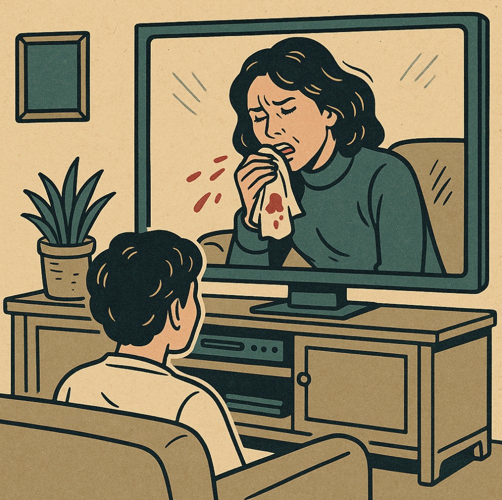 TV에서 객혈하는 여주인공을 보고있는 모습