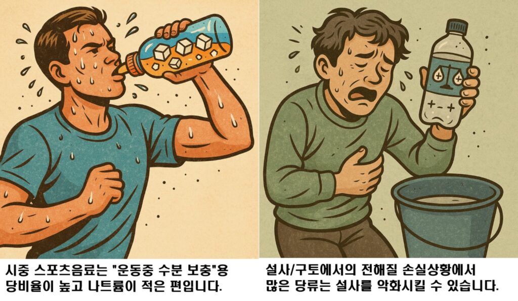 스포츠음료는 당이 많아 설사나 구토에 알맞지는 않다는 이미지