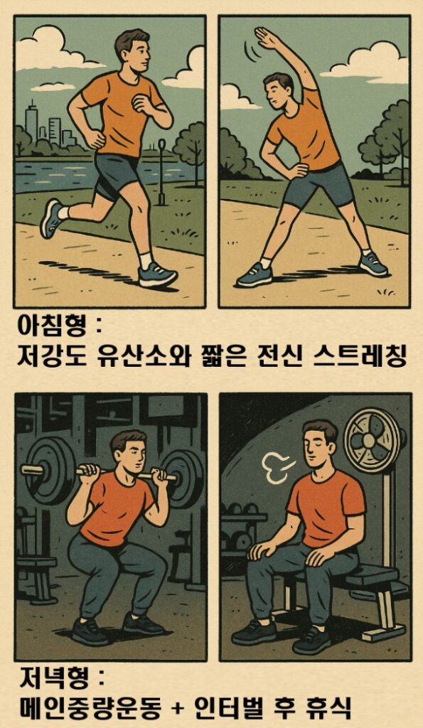 아침형운동에는 유산소와 스트레칭, 저녁형운동은 중량과 인터벌