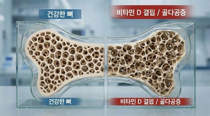 비타민D결핍이 뼈를 더 약하게 만든다는 비교 이미지