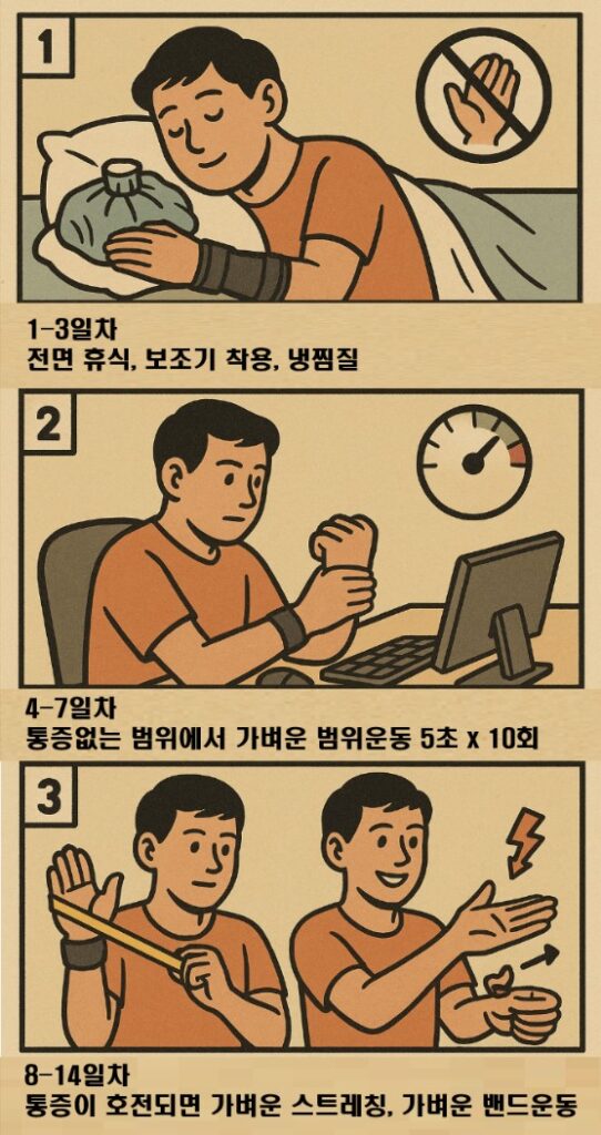 드퀘르뱅병 재활계획 2주플랜 3컷만화 이미지