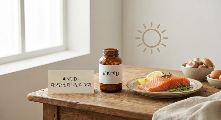 비타D를 알약과 식품으로 섭취한다는 이미지