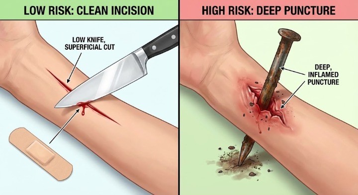 깨끗한 상처와 녹슨못에 다친 상처의 파상풍위험성을 보여주는 이미지
