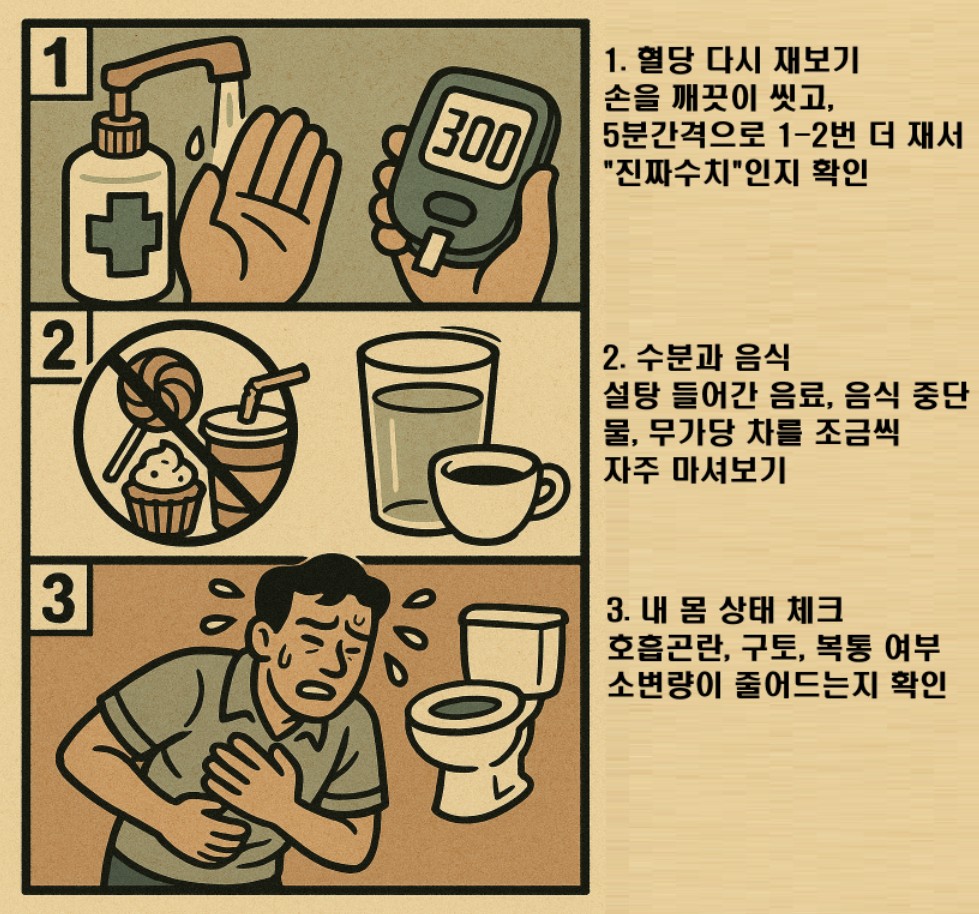 고혈당일때 집에서 해볼 수 있는 행동들의 3컷만화