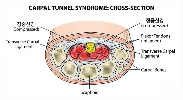 정중신경압박과 손목터널증후군을 나타내는 이미지