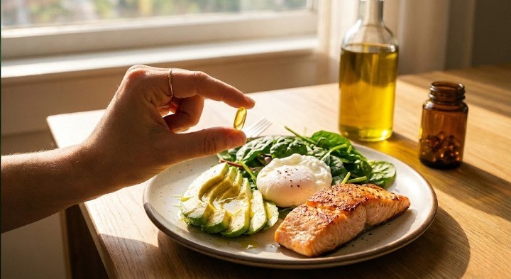 알약으로 식품대신 비타민D를 섭취할 수 있다는 이미지