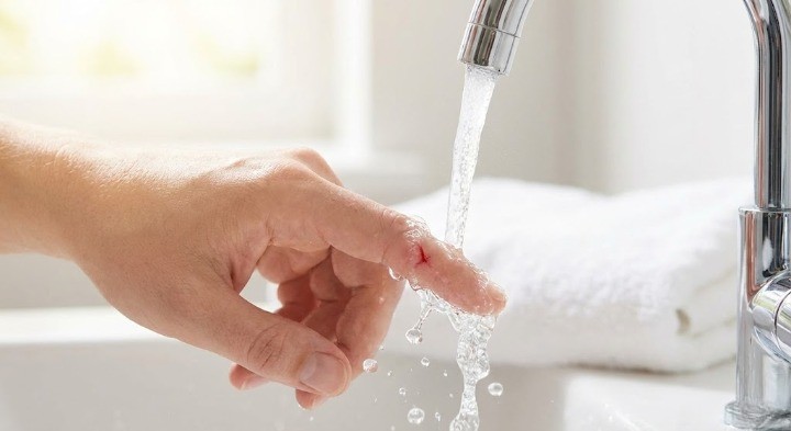 상처가 생기면 감염예방을 위해 흐르는 물에 씻는 이미지