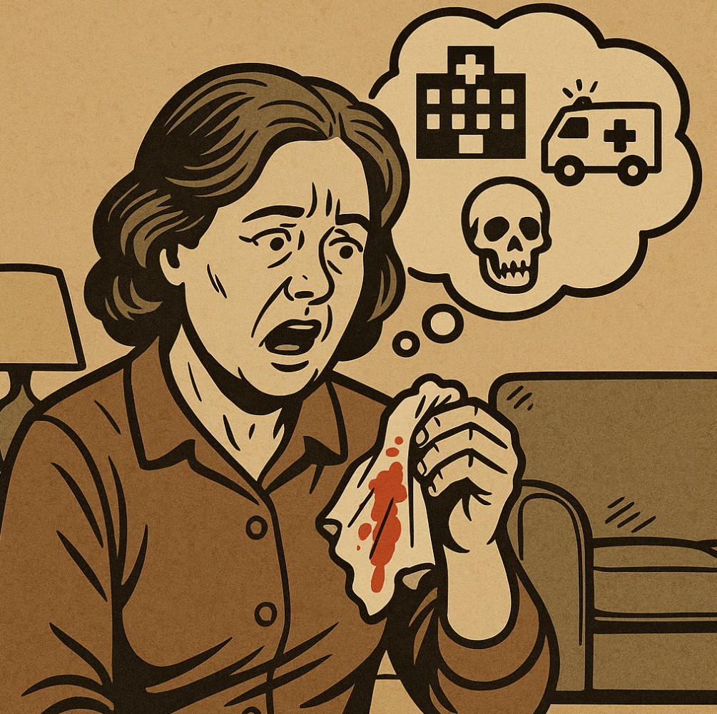 객혈을 하고 119에갈까 병원에갈까 걱정하는 여성의 이미지