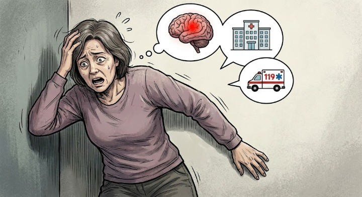 어지러움을 느끼고 병원에 갈지 뇌졸중인지 걱정하는 중년여성이미지