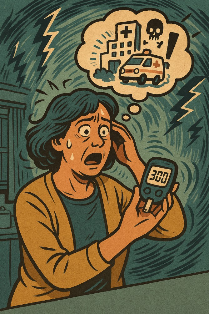 고혈당 대문사진. 혈당300찍힌기계보고 놀라는 중년여성