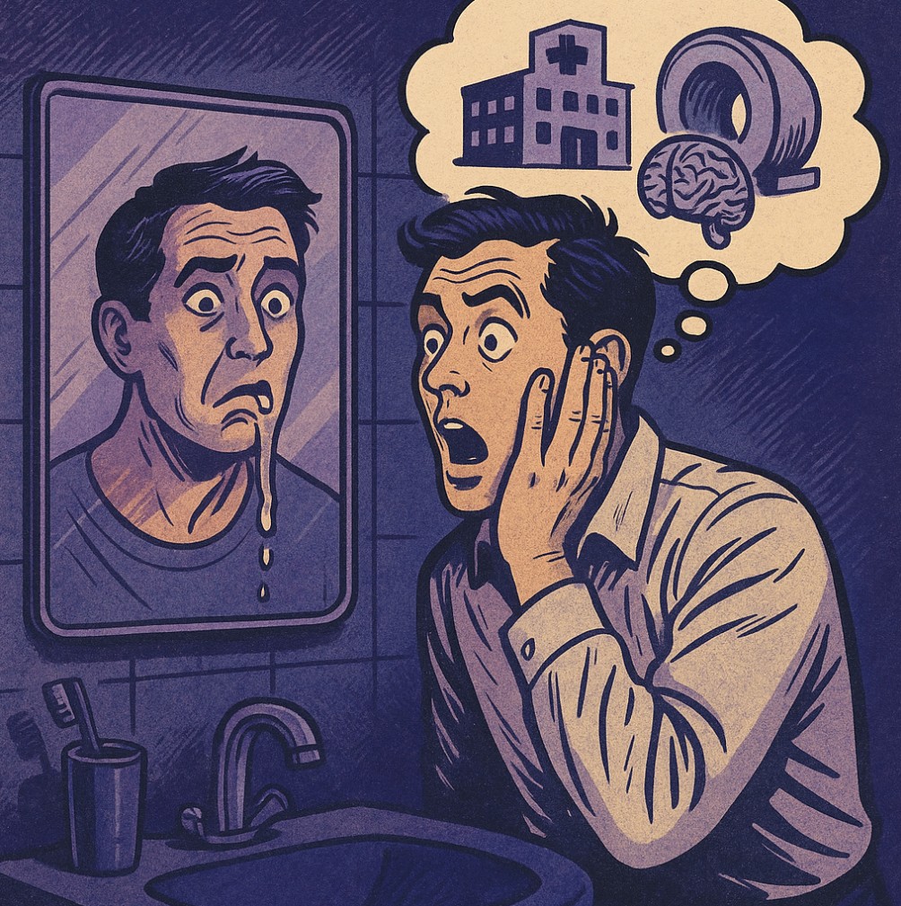 거울을 보는데 안면마비가 와서 걱정하는 남자의 이미지