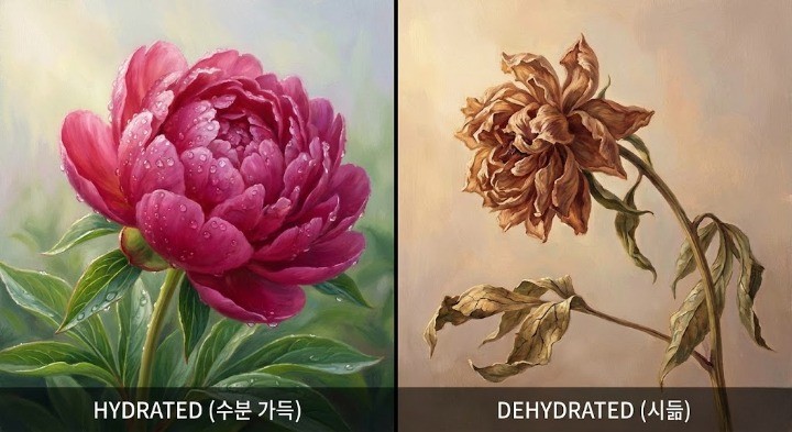 싱싱한하고 수분이 가득한 꽃과 탈수되서 말라비틀어진 꽃