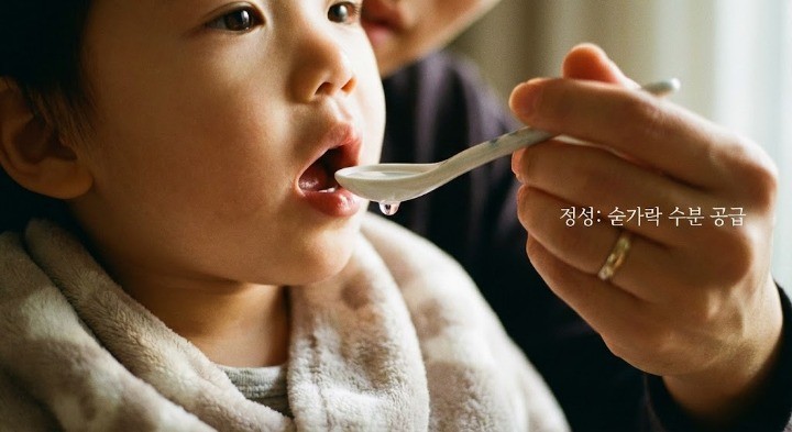 숟가락으로 조금씩 아이에게 물을 공급하는 이미지