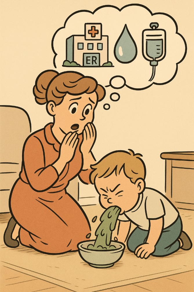 구토하는 아기를 걱정스럽게 바라보는 어머니의 이미지