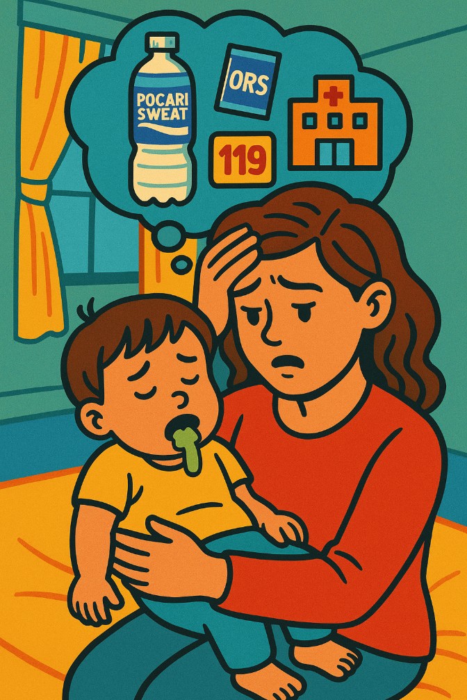 구토하고있는 소아를 안고 어떻게 할지 걱정하는 어머니의 모습 이미지