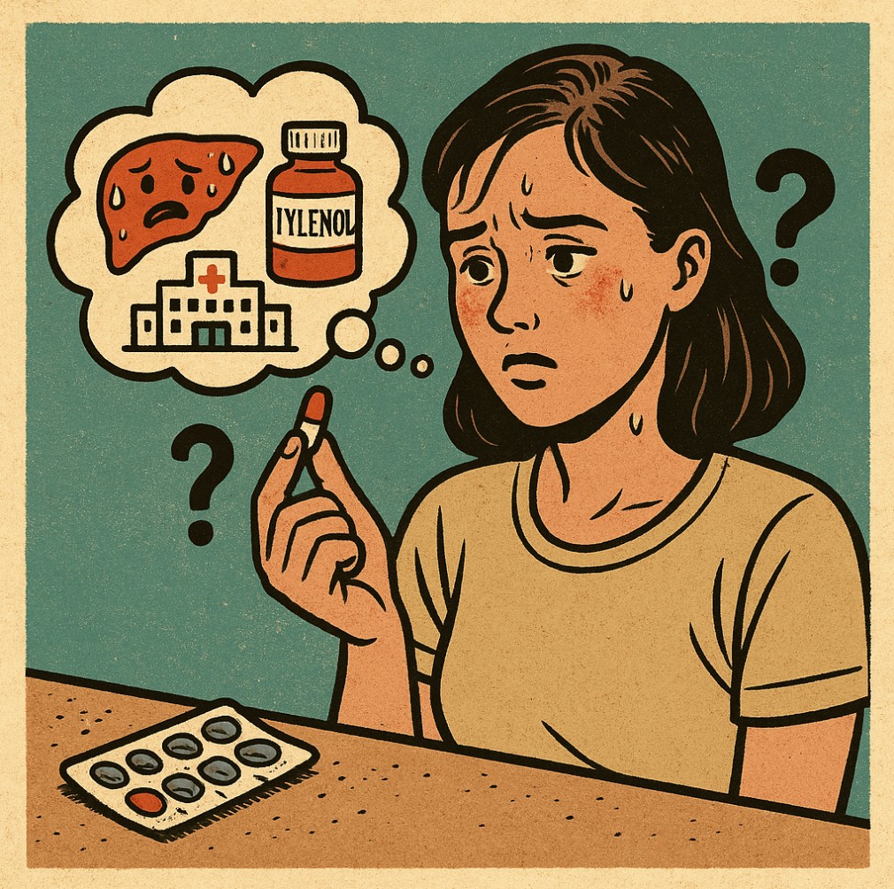 타이레놀 과다복용을 걱정하며 약을 들고 있는 이미지