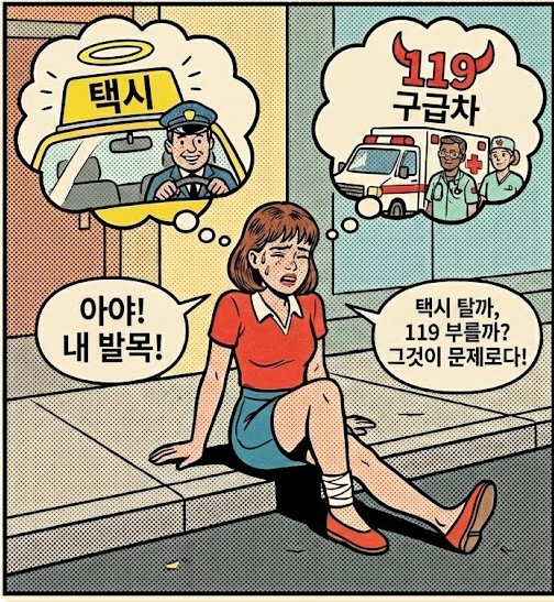 발목이 다쳤는데 119를 부를지 말지 고민하는 여성의 이미지