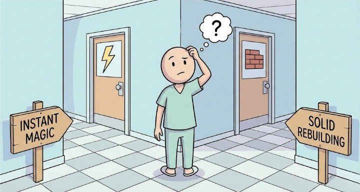 환자가 스테로이드를 통한 즉각적 증상호전과 재생과 고민하는 모습