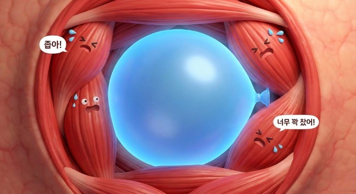 물풍선이 부풀어서 주변의 조직들이 압박되어 통증을 호소하는 모습